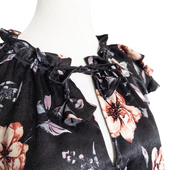 Misa Cecil Ruffle Flutter Sleeve Smocked Tiered Floral Dress Black Rose Small - Picture 6 of 15